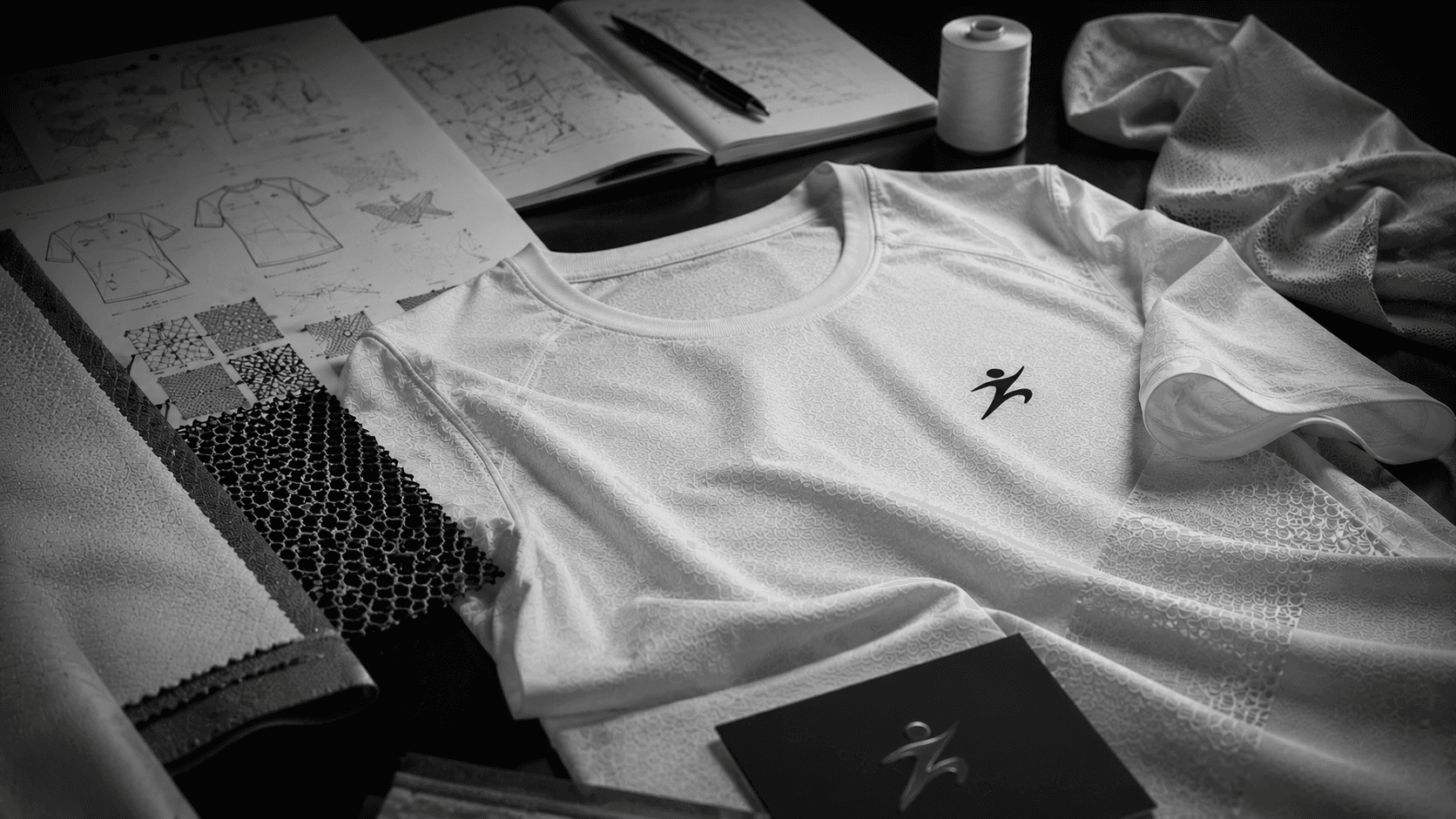 The tee surrounded by design sketches, material samples and thread on a dark bench